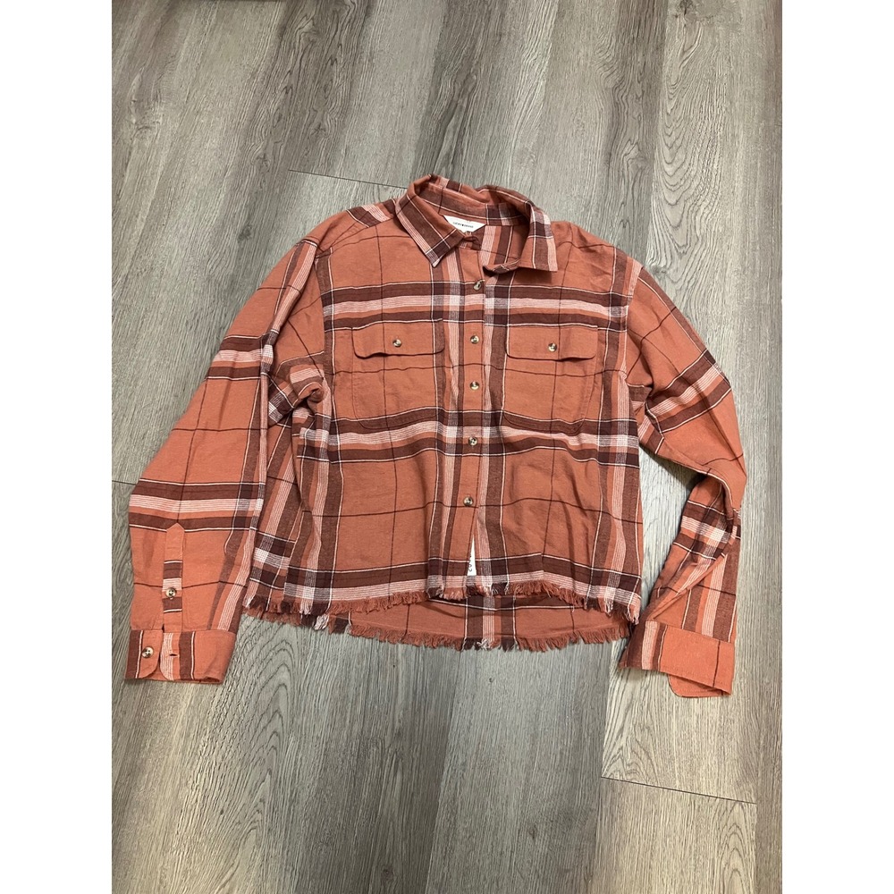 Lucky Brand Plaid Cropped Flannel Shirt Terracotta Orange Raw Hem Size M NWT